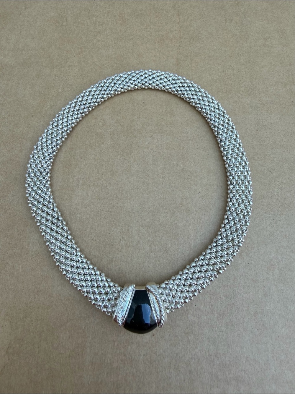 Vintage Silver Tone Beaded Collar Necklace Black Statement 17.5”